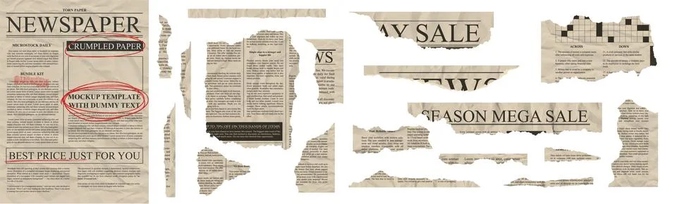 Set of torn newspaper note pieces vintage teture jagged rip edge effect. Ripped Stock Illustration