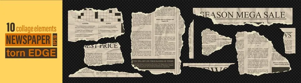 Set of torn newspaper note pieces vintage teture jagged rip edge effect. Ripped Stock Illustration