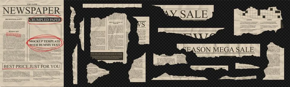 Set of torn newspaper note pieces with vintage texture jagged rip edge effect. 库存插图