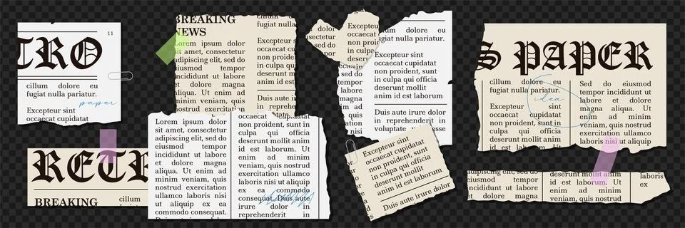 Set of Torn newspaper sheets of paper with clippings text in grunge style Illustrazione stock