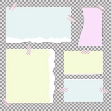 Set of torn note, notebook grainy paper strips stuck on grey background. Stock Illustration