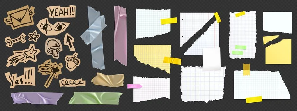 Set of torn notebook papers, doodle stickers Illustrazione stock