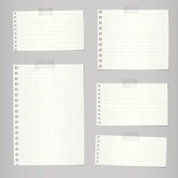 Set of torn notebook papers with lines and grid on gray background Stock Illustration