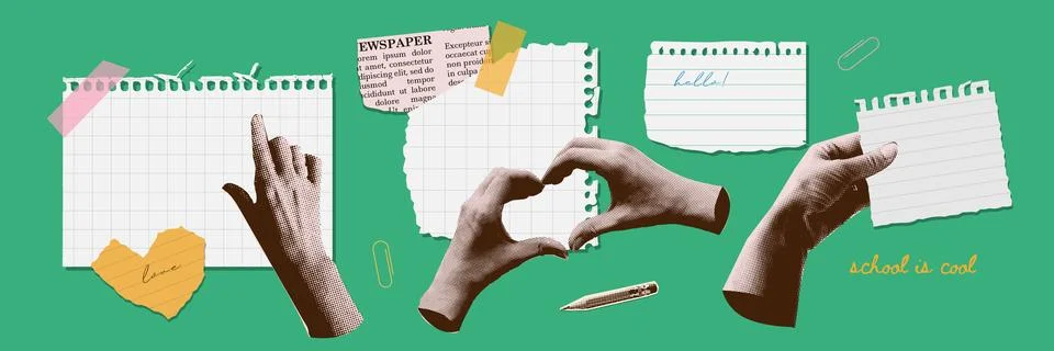 A set of torn notebook papers with torn out paper elements of halftone collage Stock Illustration