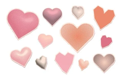 Set of torn out halftone paper hearts. Cut color heart with torn edge. Shape Illustrazione stock