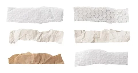 Set of torn paper and packaging strips. white, kraft, plastic bubble wrap wit Stock Photos
