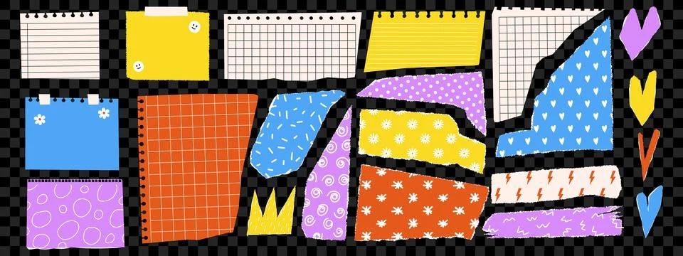 Set of torn paper and sheets with funny pattern. Design elements for contempo Stockillustratie