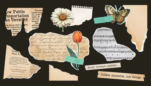 A set of torn paper, a collage of notebook sheets, an old newspaper.  stamp.. 스톡 일러스트