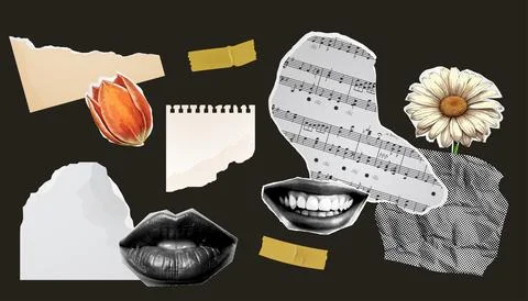 Set of torn paper, collage of notebook sheets, old newspaper. butterfly and.. 스톡 일러스트