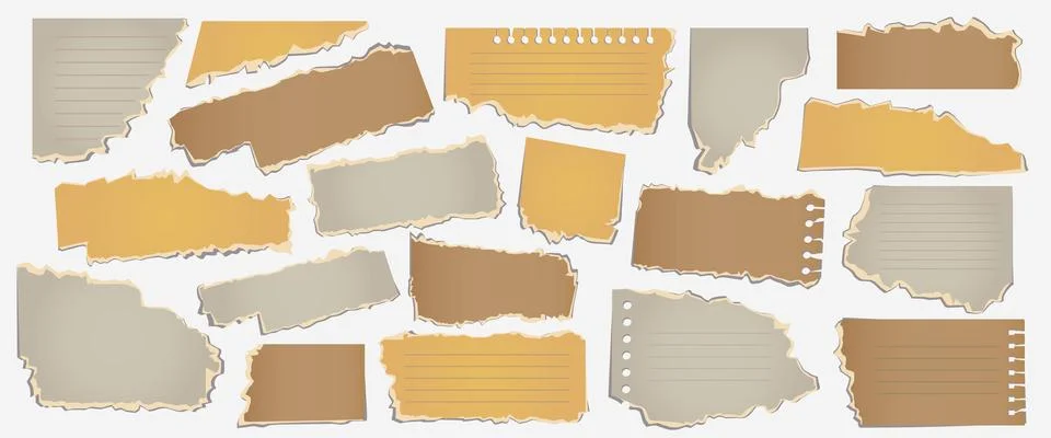 Set of torn paper notes in various shapes and colors, including lined and n.. Stock Illustration