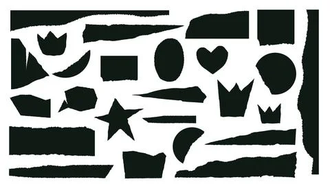 Set of torn paper pieces. Black grunge jagged heart, crown, speech bubble, star Stock Illustration