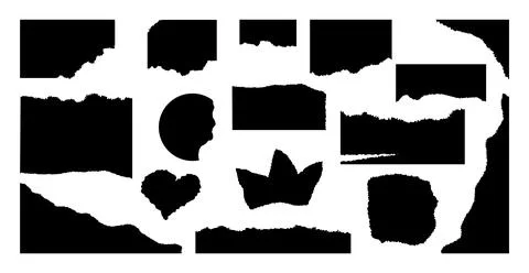 Set of torn paper pieces. Black grunge jagged heart, crown and abstract frames Stock Illustration