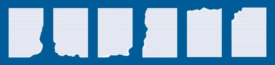 Set of torn paper snippets on blue background. A lined crumple notebook sheet Stock Illustration
