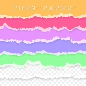 Set of torn paper stripes. Paper texture with damaged edge isolated on transp Stock Illustration