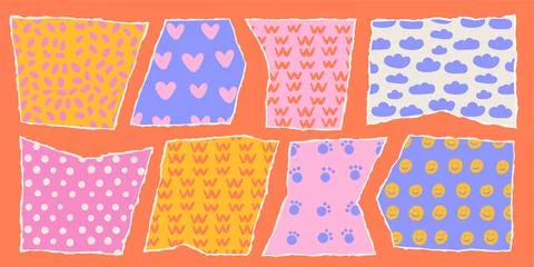 Set of torn papers with funny childish patterns . Bright color palette collage Stock Illustration
