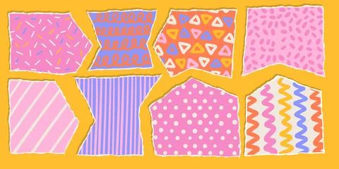 Set of torn papers with funny childish patterns . Bright color palette collage Stock Illustration