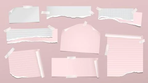 Set of torn pink note, notebook paper pieces with folded corners stuck on pink Stock Illustration
