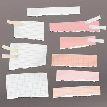 Set of torn pink, white note, notebook paper pieces with sticky tape stuck on Stock Illustration