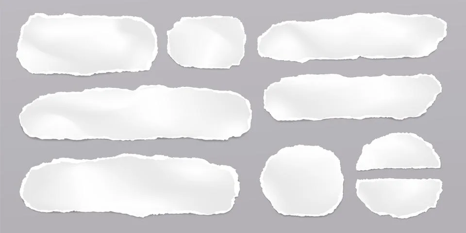 Set of torn, ripped, crumple paper strips with soft shadow are on light grey Stock Illustration