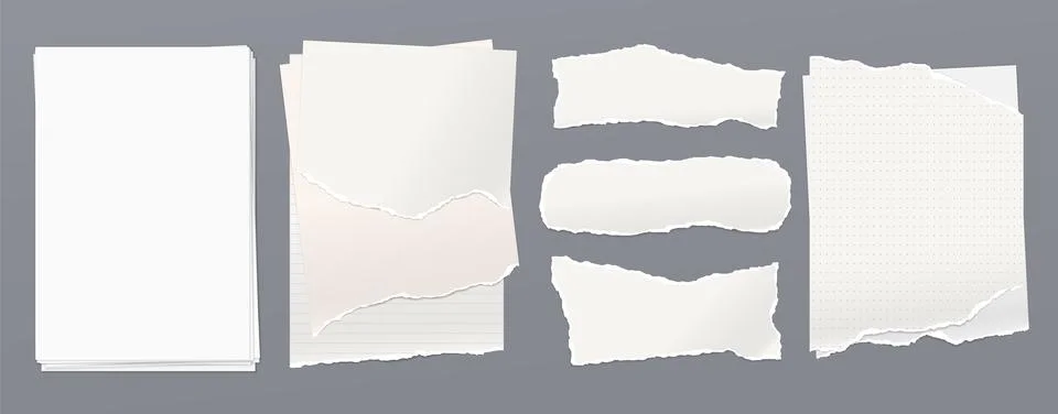 Set of torn, ripped paper, stack of white blank notebook paper with soft shadow Stock Illustration