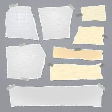 Set of torn, ripped paper strips, lined notebook sheet with adhesive type and Stock Illustration