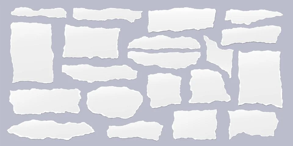 Set of torn, ripped paper strips with soft shadow are on light grey background Stock Illustration
