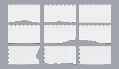Set of torn, ripped paper strips, lined, math notebook sheets with hard shadow Stock Illustration