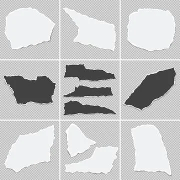 Set of torn, ripped paper strips with soft shadow are on squared background for Stock Illustration