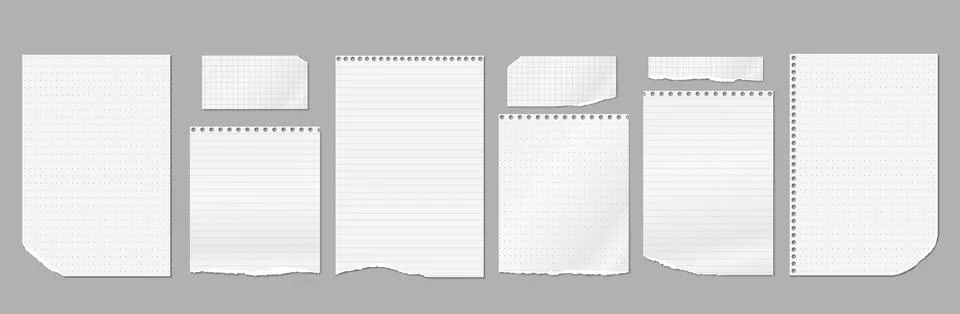 Set of torn, ripped paper strips, lined notebook paper with soft shadow are on Stock Illustration