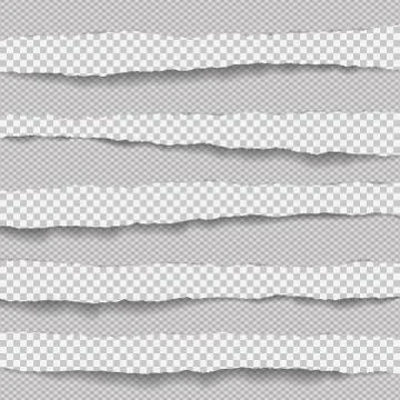 Set of torn, ripped, squared horizontal paper strips with soft shadow are on Stock Illustration