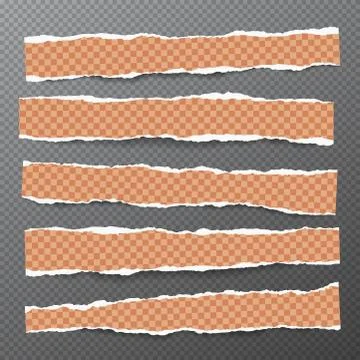 Set of torn, ripped, squared orange paper strips with soft shadow are on dark Stock Illustration