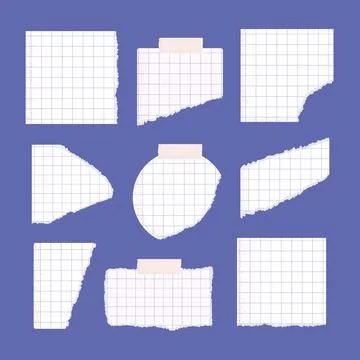 Set of torn, ripped white lined, scetchbook, math note, notebook paper pieces Illustrazione stock