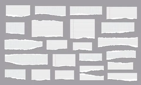 Set of torn, ripped white paper strips, lined, math notebook sheets with soft Illustrazione stock