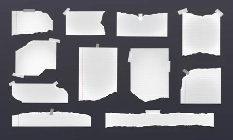 Set of torn, ripped white paper strips, lined notebook sheets with adhesive type Stock Illustration
