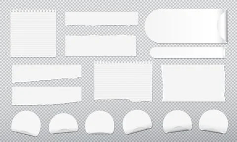 Set of torn, ripped white paper strips, lined notebook sheet with soft shadow Stock Illustration
