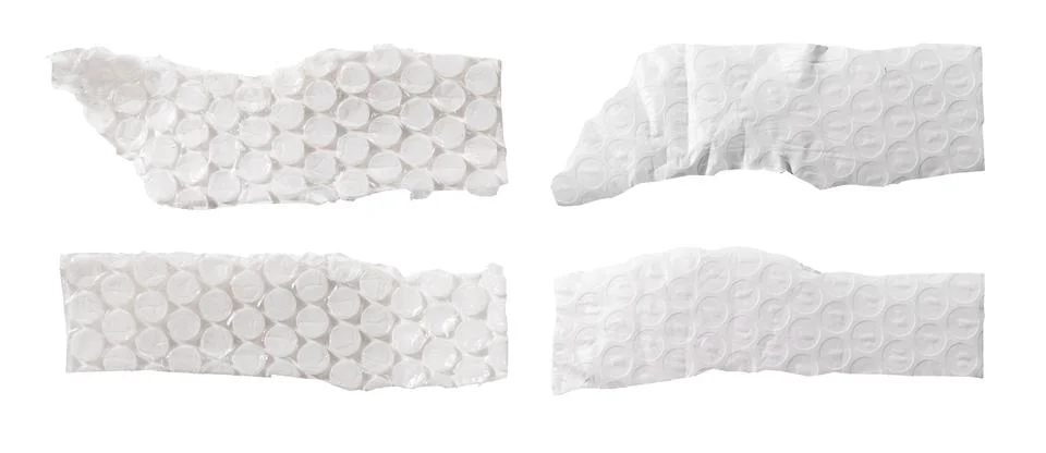 Set of torn transparent bubble wrap strips with circular air pockets and Stock Photos