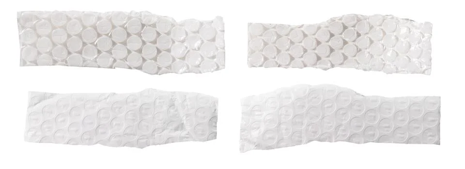 Set of torn transparent bubble wrap strips with circular air pockets and soft Stock Photos