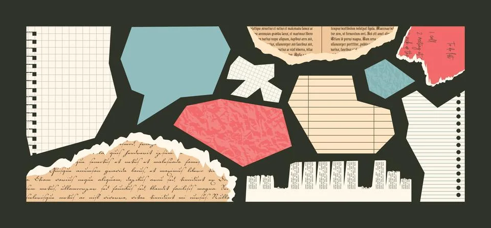 Set of Torn trendy Collage elements. Paper Cut pieces of checkered and line.. Stock Illustration