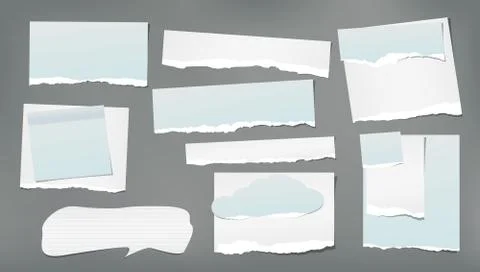 Set of torn white and blue note, notebook strips, speech bubble, paper pieces Stock Illustration