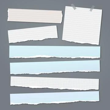 Set of torn white and blue note, notebook paper strips and pieces with soft Stock Illustration
