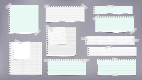 Set of torn white and green note, notebook strips, lined and squared paper Stock Illustration