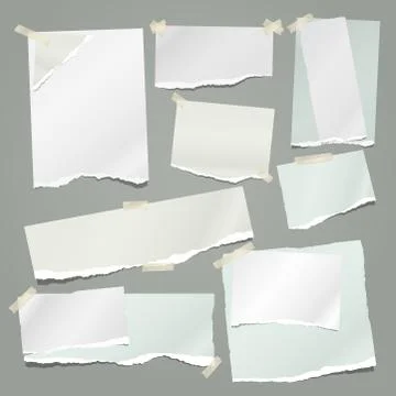 Set of torn white and green note, notebook paper strips and pieces stuck with Stock Illustration