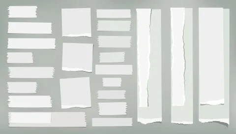 Set of torn white and light green note, notebook strips, paper pieces stuck on Illustrazione stock