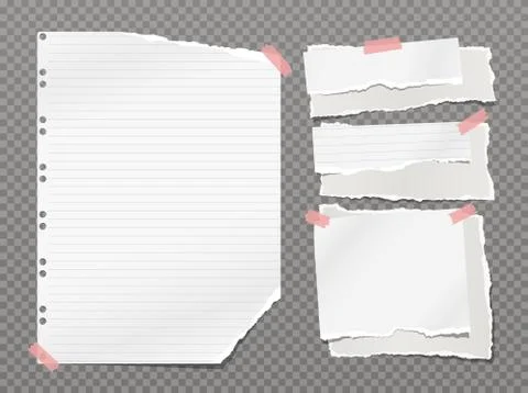 Set of torn white and lined note, notebook paper strips and pieces stuck with Stock Illustration