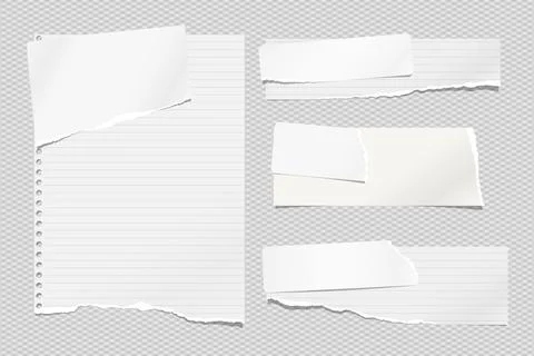 Set of torn white and lined note, notebook paper strips and pieces stuck on Illustrazione stock