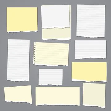Set of torn white, and yellow lined note, notebook paper strips and pieces with Illustrazione stock