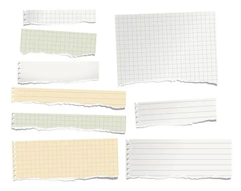 Set of torn white and yellow note, notebook paper stripes stuck on white Stock Illustration