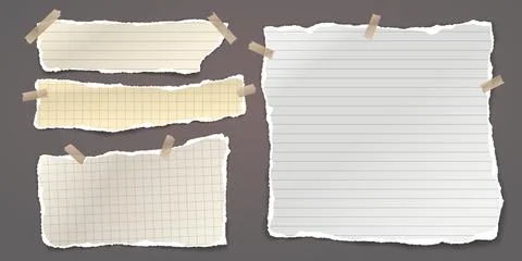 Set of torn white and yellow note, notebook paper stripes are on dark grey Stock Illustration
