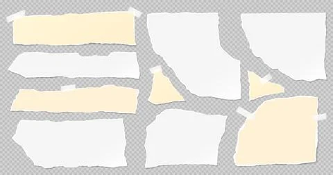 Set of torn white and yellow note paper pieces are on grey background for text Stock Illustration