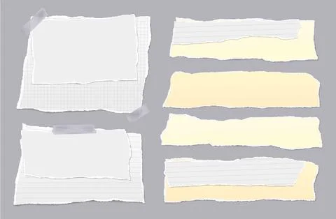 Set of torn white and yellow note paper pieces are on grey background for text Stock Illustration